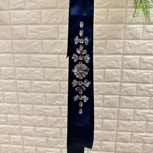 Navy Blue Satin Flower Girl Belt with Beaded Details